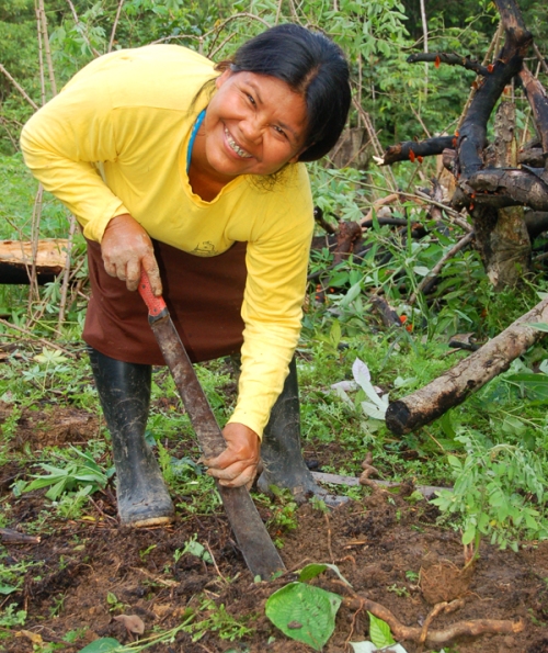 Lucila Flores digging hole with machete. Photo by Campbell Plowden/Center for Amazon Community Ecology